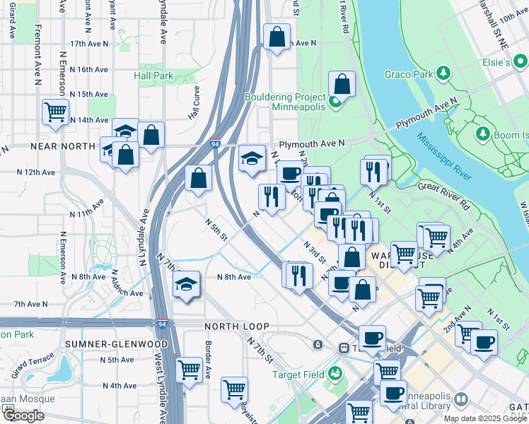 map of restaurants, bars, coffee shops, grocery stores, and more near 302 North 10th Avenue in Minneapolis