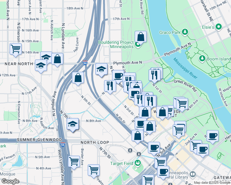 map of restaurants, bars, coffee shops, grocery stores, and more near 218 9th Avenue North in Minneapolis