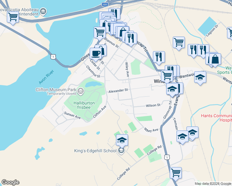map of restaurants, bars, coffee shops, grocery stores, and more near 220 Alexander Street in Windsor