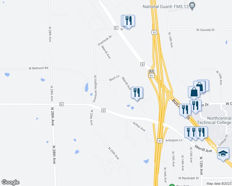 map of restaurants, bars, coffee shops, grocery stores, and more near 1906 Brandon Circle in Wausau