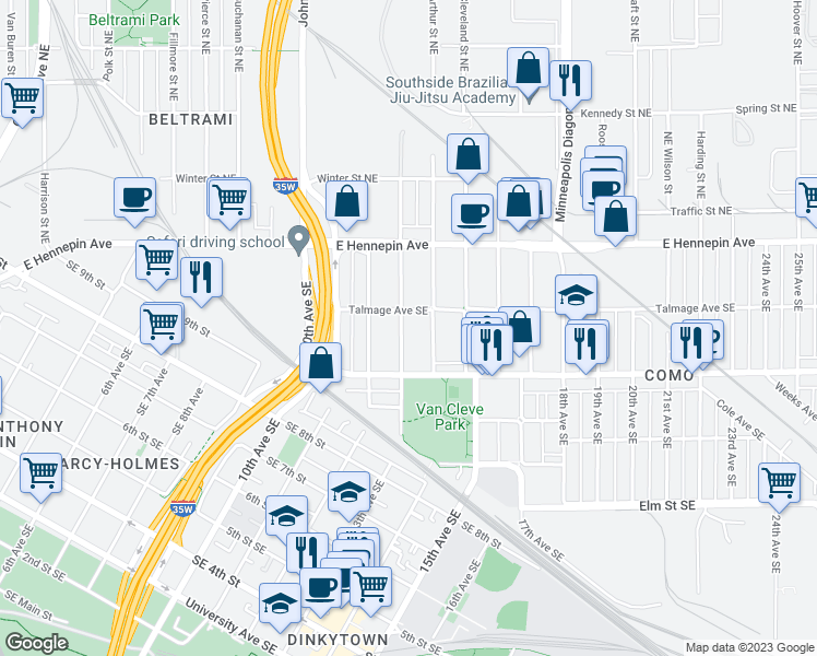 map of restaurants, bars, coffee shops, grocery stores, and more near 1040 13th Avenue Southeast in Minneapolis