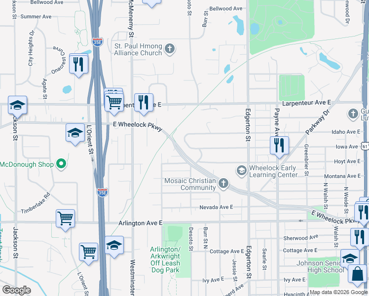 map of restaurants, bars, coffee shops, grocery stores, and more near 440 East Wheelock Parkway in Saint Paul