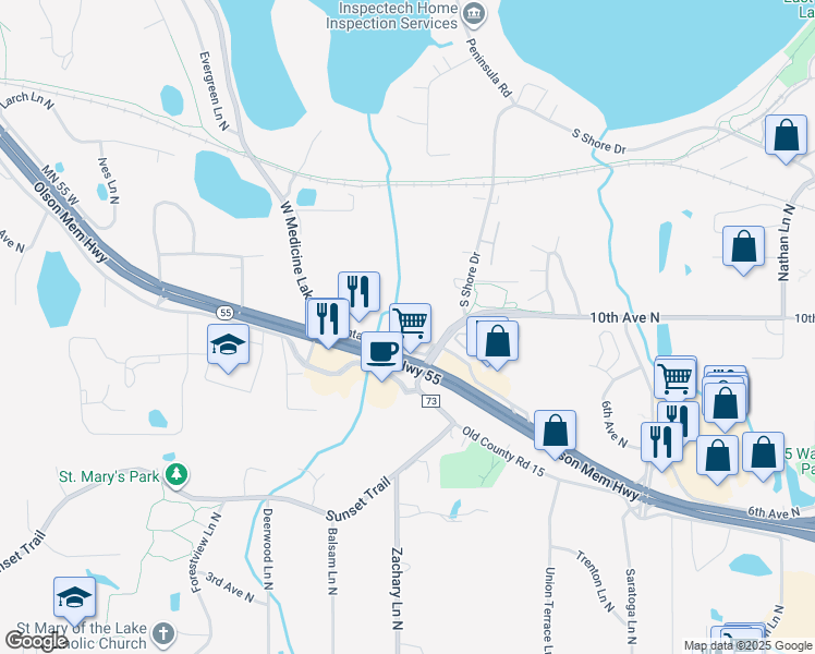 map of restaurants, bars, coffee shops, grocery stores, and more near 11050 Olson Memorial Highway in Plymouth