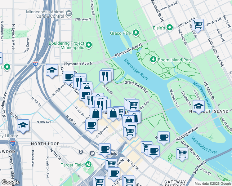 map of restaurants, bars, coffee shops, grocery stores, and more near 614 1st Street North in Minneapolis