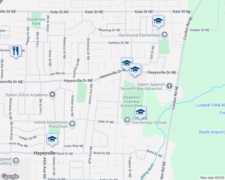 map of restaurants, bars, coffee shops, grocery stores, and more near 4724 Bohannon Street Northeast in Salem