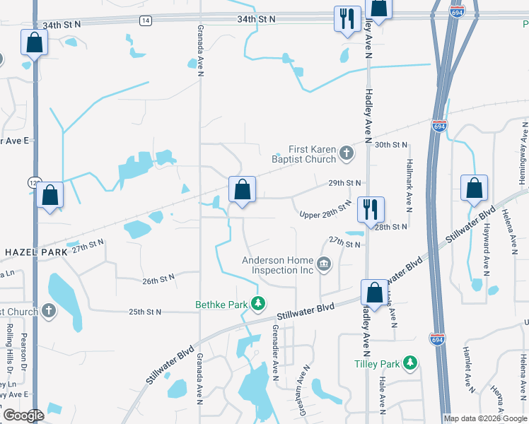 map of restaurants, bars, coffee shops, grocery stores, and more near 6657 29th Street North in Oakdale