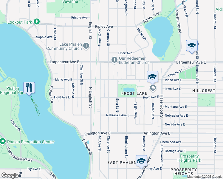 map of restaurants, bars, coffee shops, grocery stores, and more near 1591 Etna Street North in Saint Paul