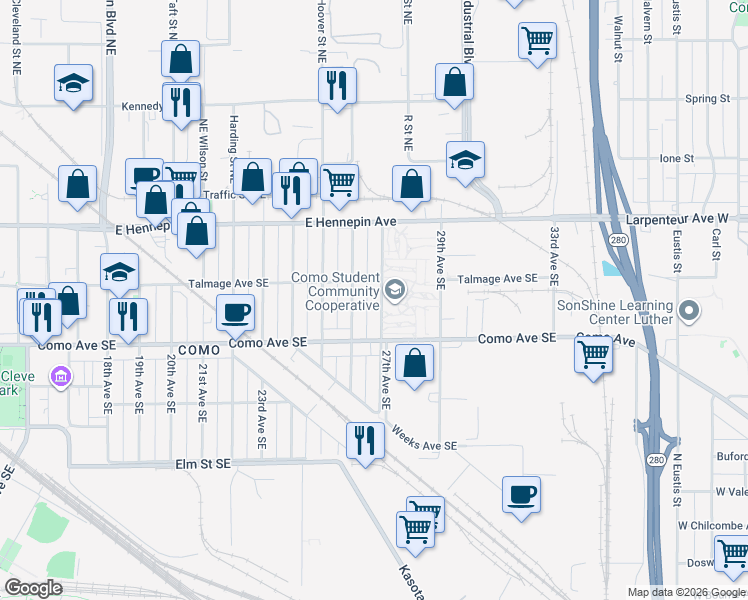 map of restaurants, bars, coffee shops, grocery stores, and more near 1048 26th Avenue Southeast in Minneapolis