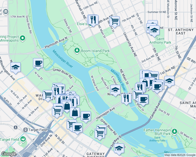 map of restaurants, bars, coffee shops, grocery stores, and more near 18 Maple Place in Minneapolis