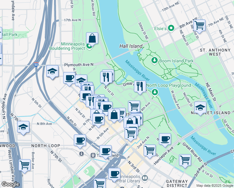 map of restaurants, bars, coffee shops, grocery stores, and more near 700 North 1st Street in Minneapolis