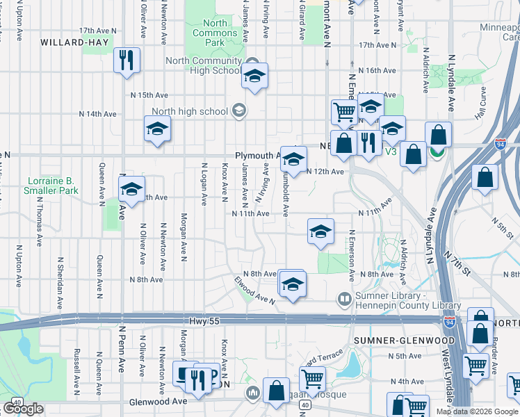 map of restaurants, bars, coffee shops, grocery stores, and more near 1118 1/2 James Avenue North in Minneapolis