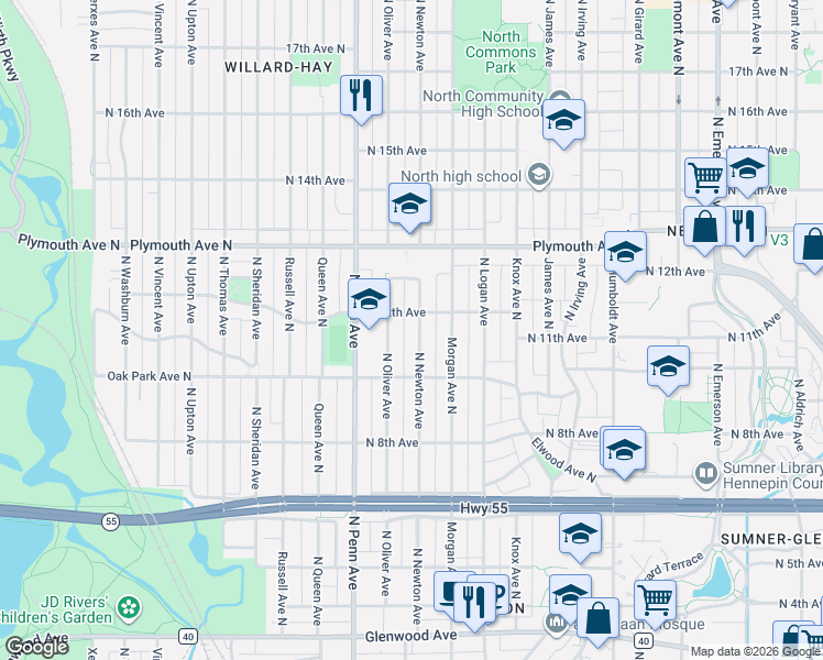 map of restaurants, bars, coffee shops, grocery stores, and more near 1119 North Newton Avenue in Minneapolis