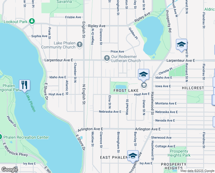 map of restaurants, bars, coffee shops, grocery stores, and more near 1591 Etna Street North in Saint Paul