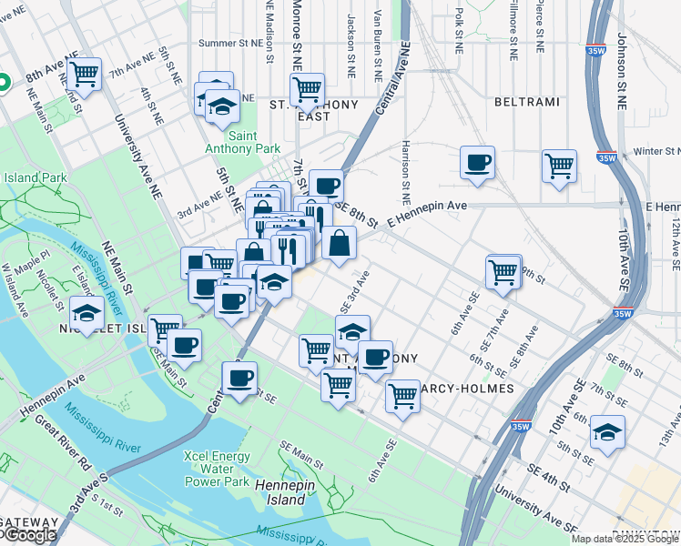 map of restaurants, bars, coffee shops, grocery stores, and more near 201 6th Street Southeast in Minneapolis