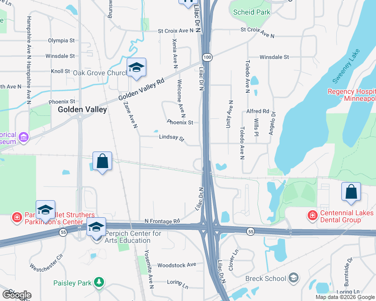 map of restaurants, bars, coffee shops, grocery stores, and more near 5535 Lindsay Street in Minneapolis