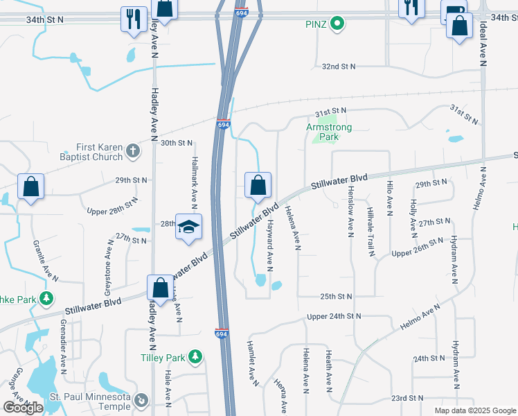 map of restaurants, bars, coffee shops, grocery stores, and more near 7320 Stillwater Boulevard North in Oakdale