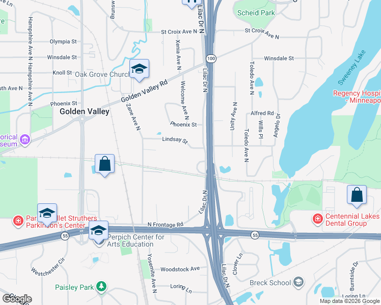 map of restaurants, bars, coffee shops, grocery stores, and more near 5537 Lindsay Street in Minneapolis
