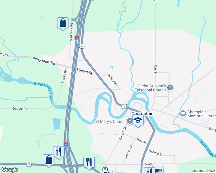 map of restaurants, bars, coffee shops, grocery stores, and more near 1236 Main Street in Champlain