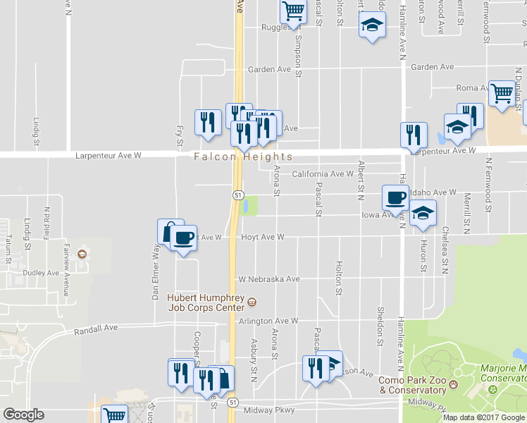 map of restaurants, bars, coffee shops, grocery stores, and more near 1537 Iowa Avenue in Falcon Heights