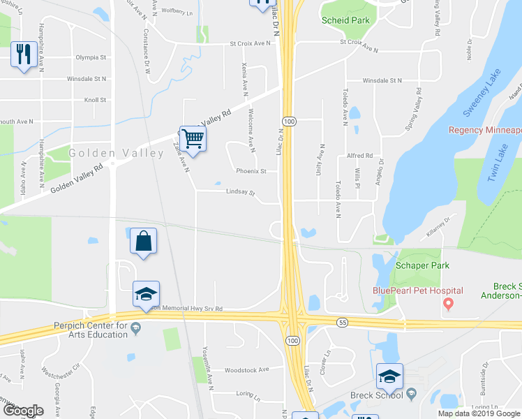 map of restaurants, bars, coffee shops, grocery stores, and more near 5535 Lindsay Street in Minneapolis