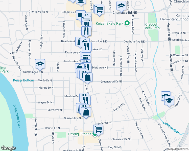 map of restaurants, bars, coffee shops, grocery stores, and more near 549-599 Greenwood Drive Northeast in Keizer