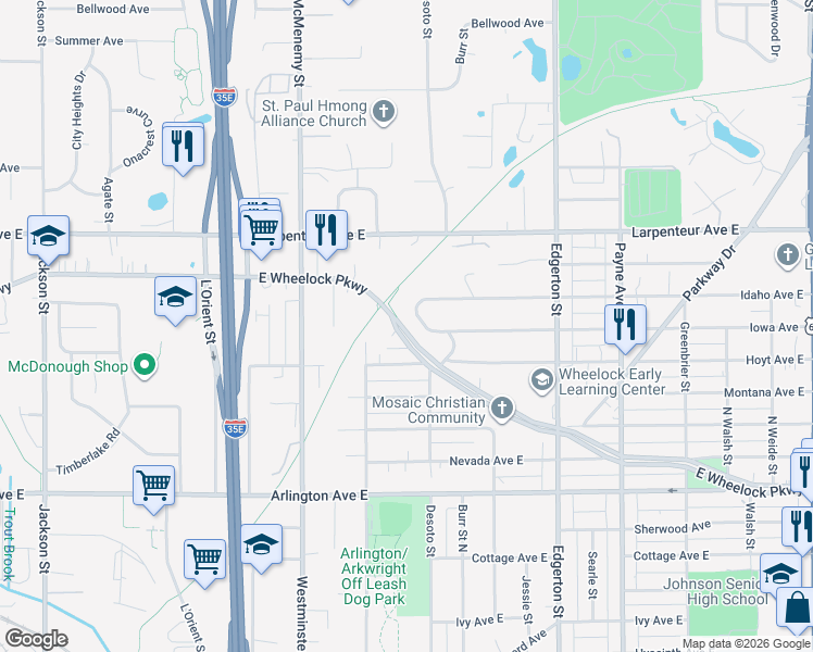 map of restaurants, bars, coffee shops, grocery stores, and more near 440 East Wheelock Parkway in Saint Paul