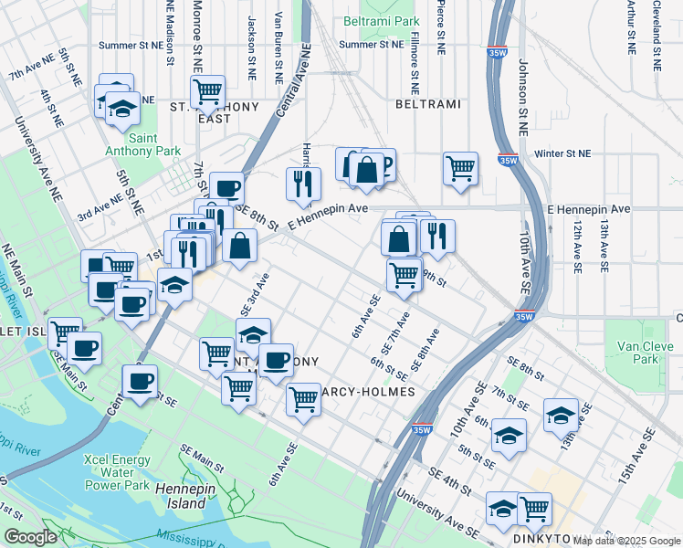 map of restaurants, bars, coffee shops, grocery stores, and more near 420 Southeast 8th Street in Minneapolis