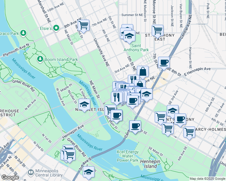 map of restaurants, bars, coffee shops, grocery stores, and more near 38 University Avenue Northeast in Minneapolis