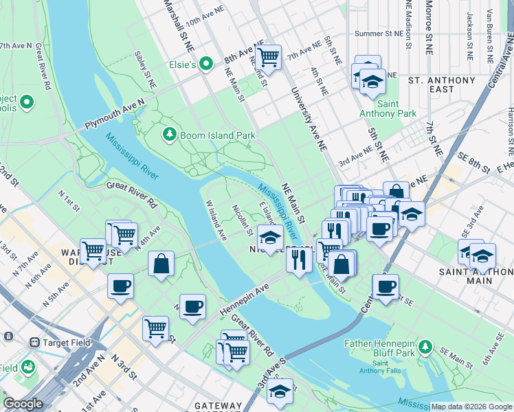 map of restaurants, bars, coffee shops, grocery stores, and more near in Minneapolis
