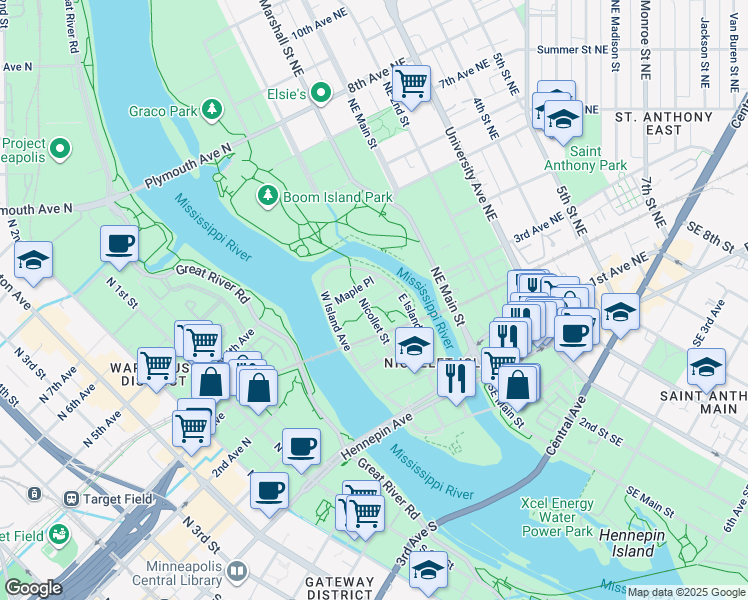 map of restaurants, bars, coffee shops, grocery stores, and more near 171 Nicollet Street in Minneapolis