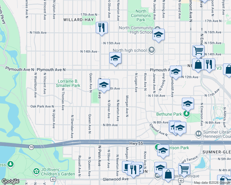 map of restaurants, bars, coffee shops, grocery stores, and more near 1119 North Newton Avenue in Minneapolis