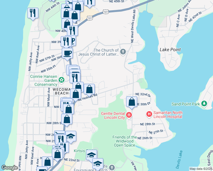 map of restaurants, bars, coffee shops, grocery stores, and more near 2604 Northeast 33rd Street in Lincoln City