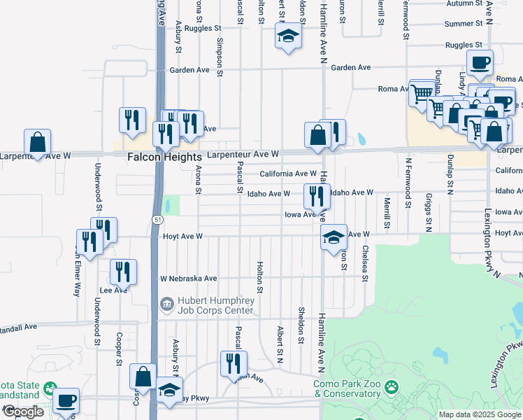 map of restaurants, bars, coffee shops, grocery stores, and more near 1427 Iowa Avenue in Falcon Heights