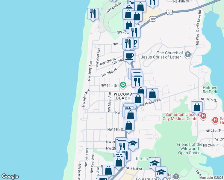 map of restaurants, bars, coffee shops, grocery stores, and more near 1788 Northwest 34th Street in Lincoln City