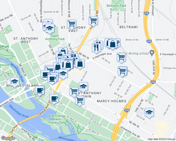 map of restaurants, bars, coffee shops, grocery stores, and more near 630 Southeast 3rd Avenue in Minneapolis