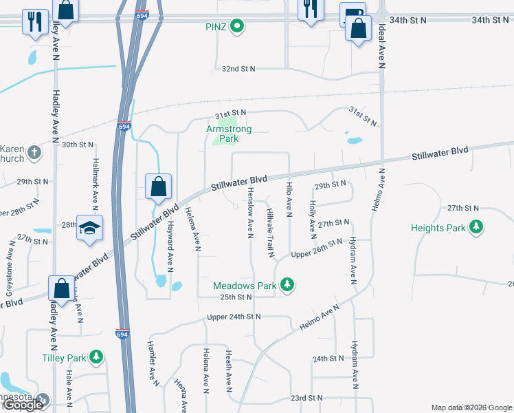 map of restaurants, bars, coffee shops, grocery stores, and more near 2839 Henslow Avenue North in Oakdale