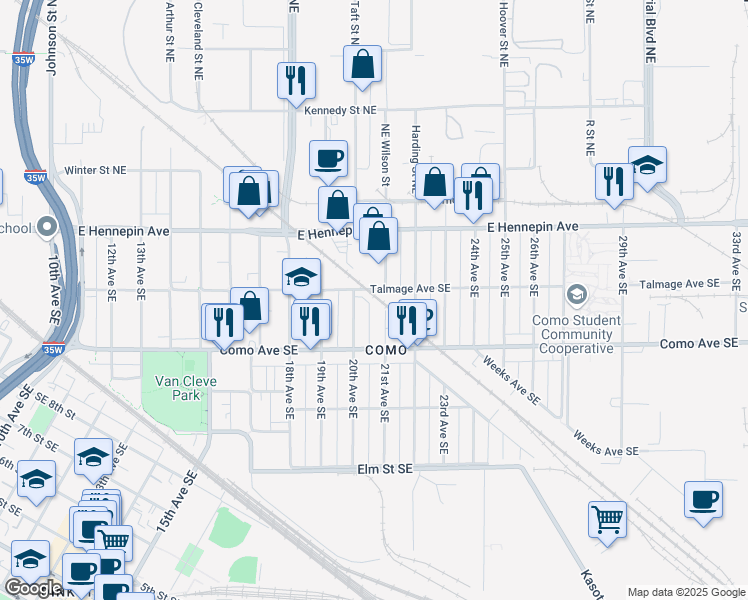 map of restaurants, bars, coffee shops, grocery stores, and more near 2000 Talmage Avenue Southeast in Minneapolis