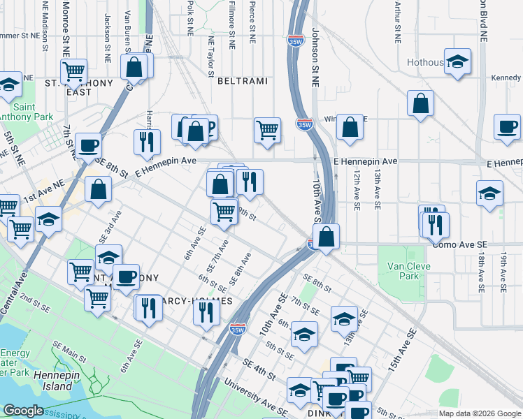map of restaurants, bars, coffee shops, grocery stores, and more near 801 Southeast 9th Street in Minneapolis