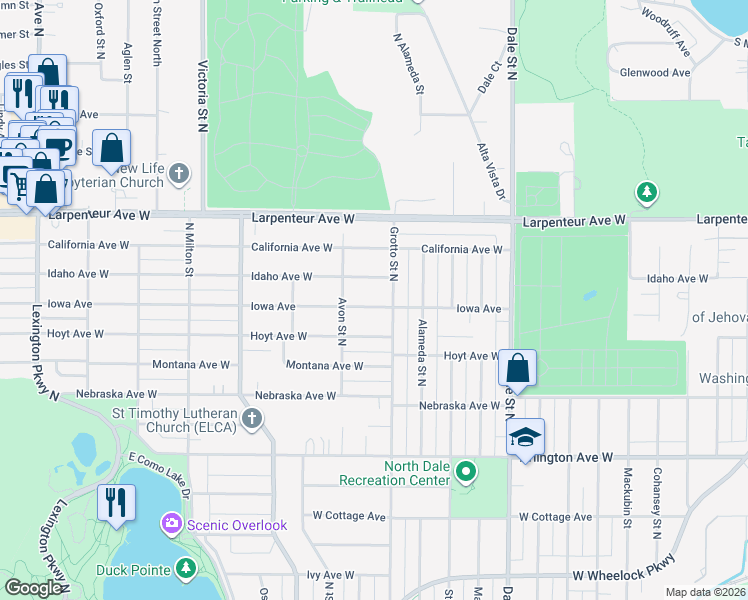 map of restaurants, bars, coffee shops, grocery stores, and more near 761 Iowa Avenue West in Saint Paul