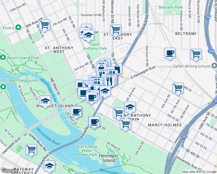 map of restaurants, bars, coffee shops, grocery stores, and more near 513 Central Avenue Southeast in Minneapolis
