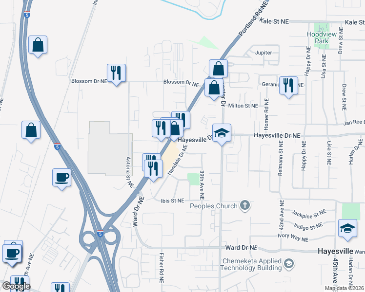 map of restaurants, bars, coffee shops, grocery stores, and more near 4687 Nandale Drive Northeast in Salem