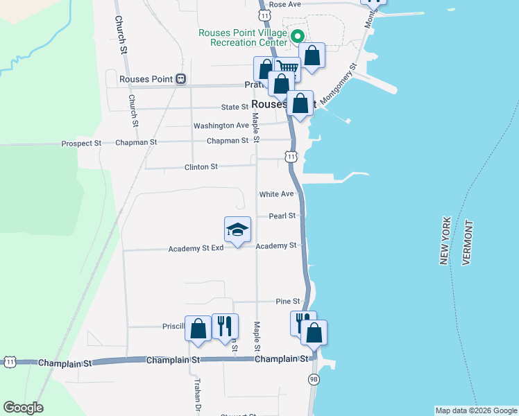 map of restaurants, bars, coffee shops, grocery stores, and more near 55 Maple Street in Rouses Point