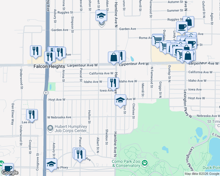 map of restaurants, bars, coffee shops, grocery stores, and more near 1359 Iowa Avenue in Saint Paul