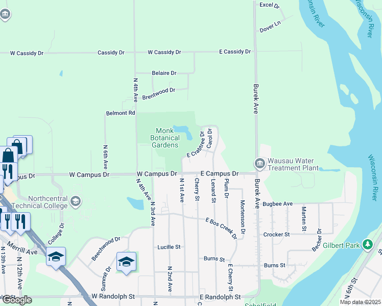 map of restaurants, bars, coffee shops, grocery stores, and more near 1809-1815 East Crabtree Circle in Wausau