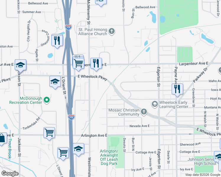 map of restaurants, bars, coffee shops, grocery stores, and more near 440 East Wheelock Parkway in Saint Paul