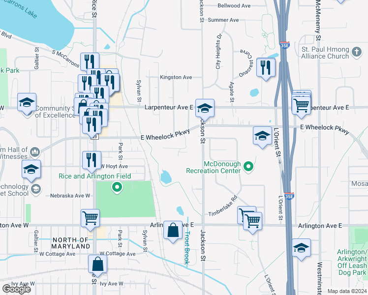 map of restaurants, bars, coffee shops, grocery stores, and more near 1597 Jackson Street in Saint Paul
