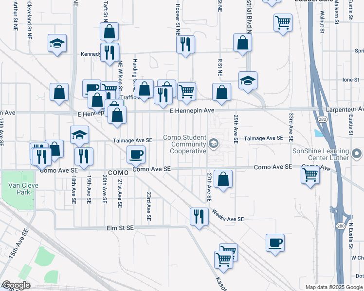 map of restaurants, bars, coffee shops, grocery stores, and more near 1054 25th Avenue Southeast in Minneapolis