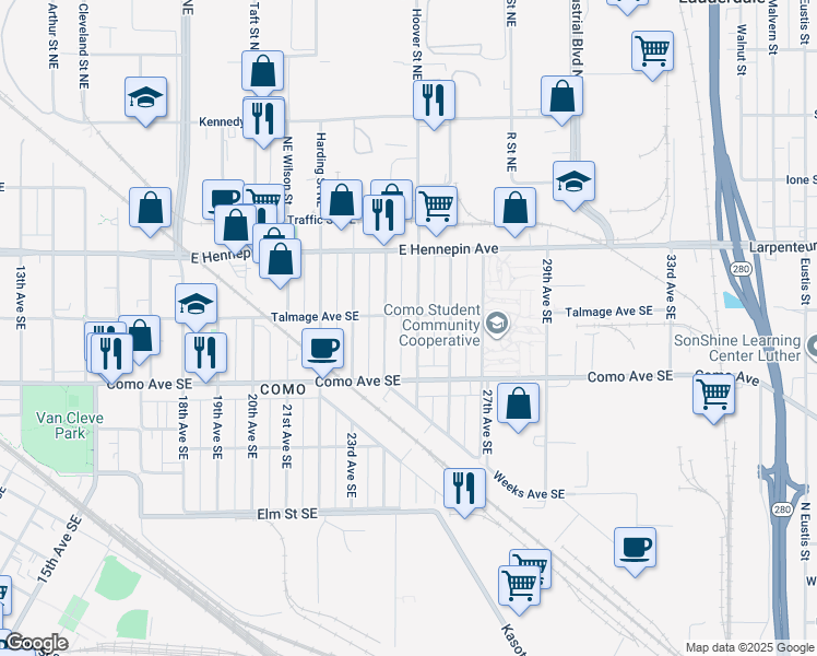 map of restaurants, bars, coffee shops, grocery stores, and more near 1054 25th Avenue Southeast in Minneapolis