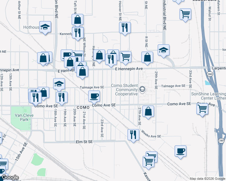 map of restaurants, bars, coffee shops, grocery stores, and more near 1054 24th Avenue Southeast in Minneapolis