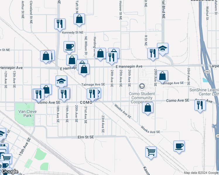 map of restaurants, bars, coffee shops, grocery stores, and more near 1054 24th Avenue Southeast in Minneapolis